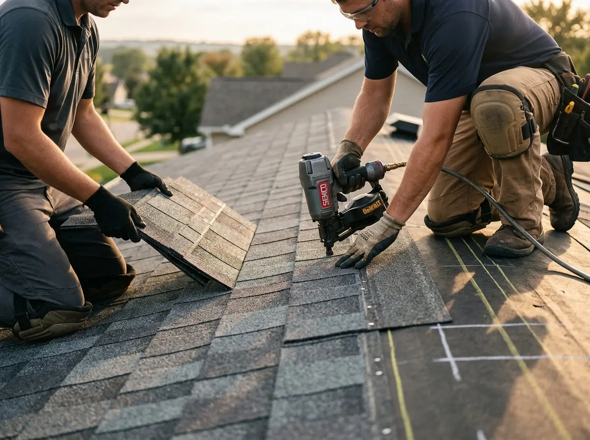 Professional roofer working on a residential roof in Coppell